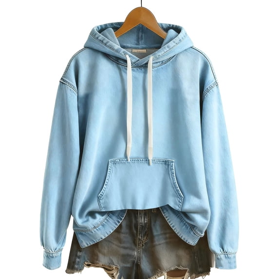 Denim Hoodies Sweatshirts for Women Long Sleeve Pullover Top Casual Drawstring Solid Color Winter Sport Sweatshirts