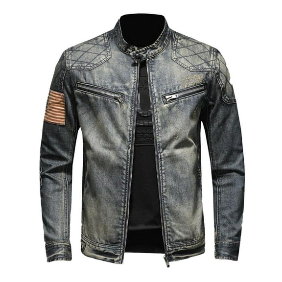 Denim Jacket For Men Bike Suit Tooling Stand Up Collar Mens Fall Coats,Dark Blue,4XL