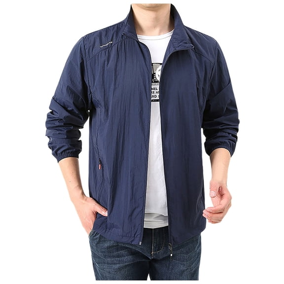 Denim Jacket For Men Solid Color Hoodless Stand Collar Breathable Long Sleeve Track Thin Mens Fall Coats,Dark Blue,3XL