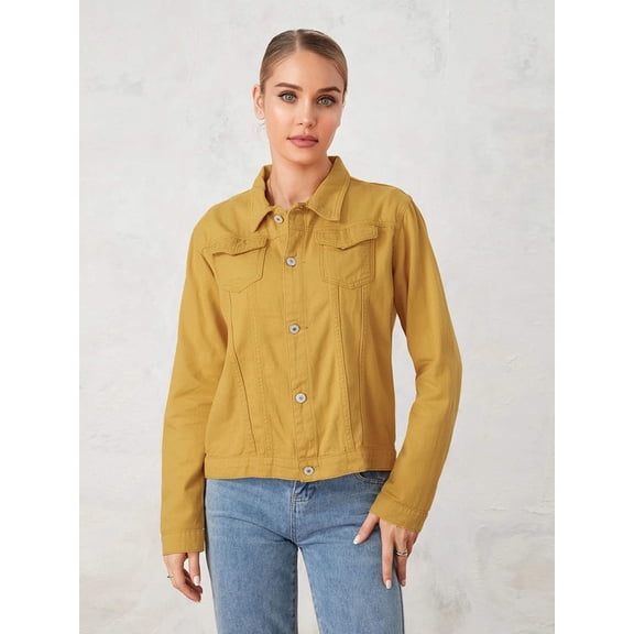 Denim Jacket For Women 2025 Solid Color Black Blue Yellow Pink Red Casual Long Sleeve Button Down Chest Pocket Jean Jacket Lady