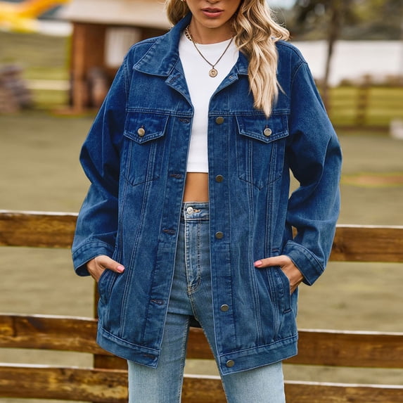 Denim Jacket For Women Fashion Long Sleeve Lapel With Pockets Collarless Denim Jacket For Everyday Wear Jean Jacket