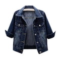 thumbnail image 1 of Denim Jacket For Women Lightweight 3/4 Sleeve Plus Size Travel Tops Cropped Cotton Summer Soft Oversized Jean Shirts, L, 1 of 4