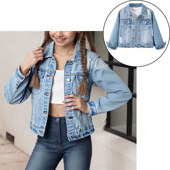 Denim Jacket Girls Long Sleeve Button down Blue Jacket Spring Jacket 9-10 Years Clothes for Girls