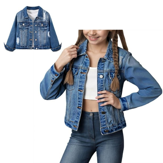 Denim Jacket Girls Long Sleeve Button down Girls Blue Denim Jacket Girls Lightweight Jacket Clothes for Girls 7-8 Years