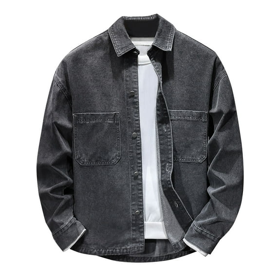 Denim Jacket Men Qiggri Men Pocket Button Long Sleeves Shirt Flip Collar No Hat Shirt Loose Coat