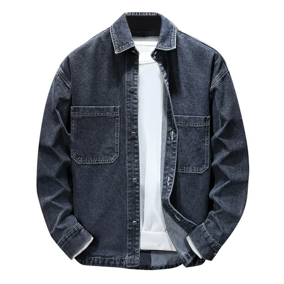 Denim Jacket Men Qiggri Men Pocket Button Long Sleeves Shirt Flip Collar No Hat Shirt Loose Coat