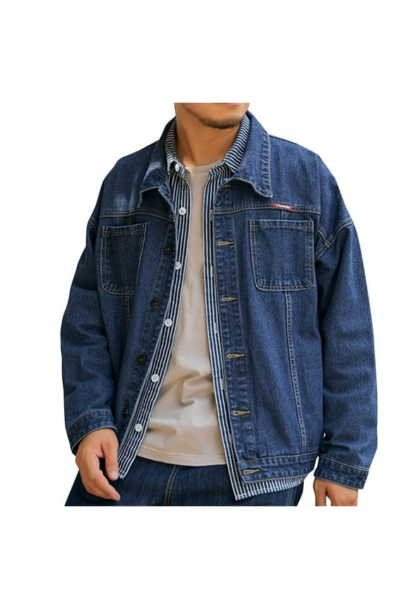 Denim Jacket Men Slim Fit Qiggri Men's Vintage Solid Color Button Pocket Long Sleeved Denim Jacket