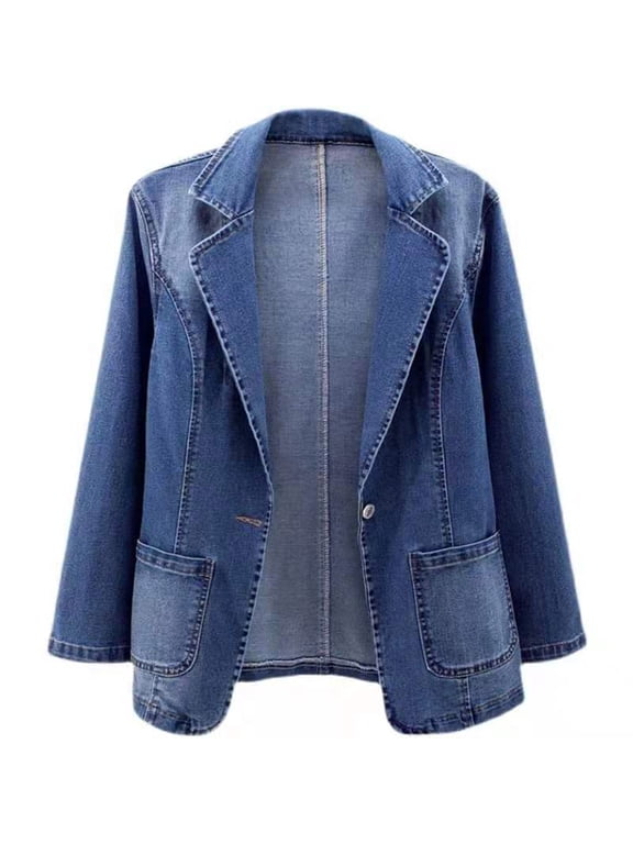 Denim Jacket Sevevn Women's Classic Notch Lapel Denim Blazer One Button Long Sleeve Slim Office Jean Jacket