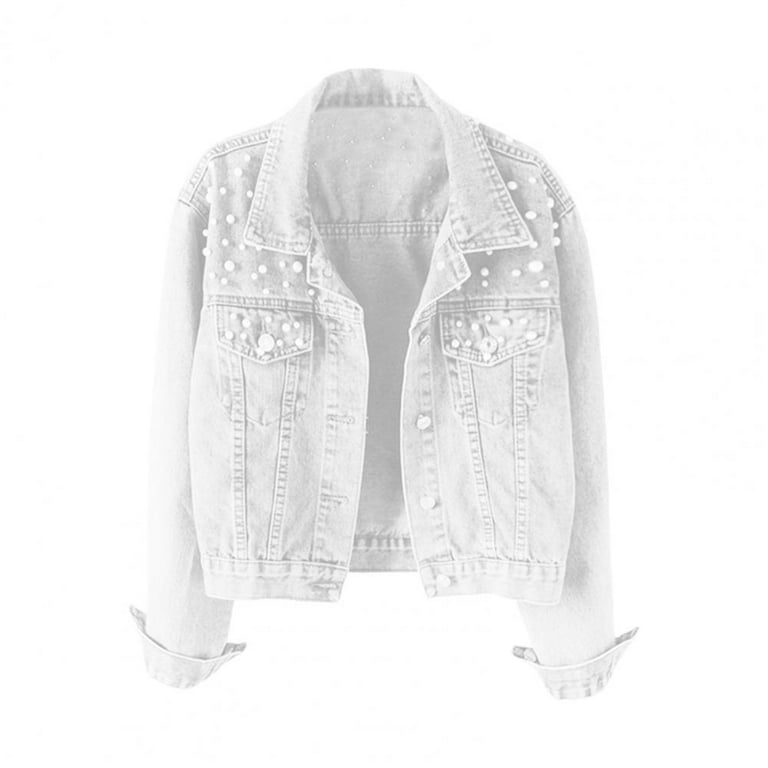 Denim Jacket Solid Single Breasted Cropped Thermal Beaded Long Sleeve Cardigan Faux Pearl Fall Coat Walmart