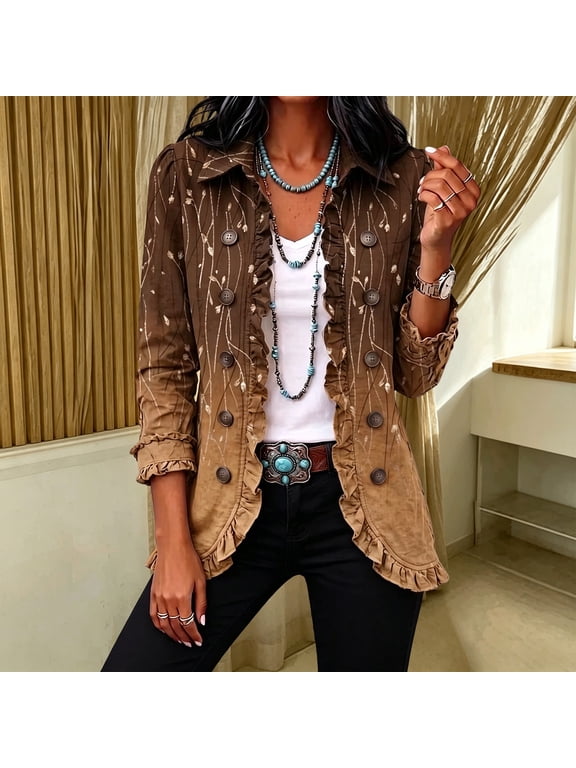 Denim Jacket for Women Long Sleeve Lapel Collar Button Down Vintage Western Jean Coat Ruffle Shirt Coat With Embroidered Vine Pattern Casual Outerwear For Daily Outing