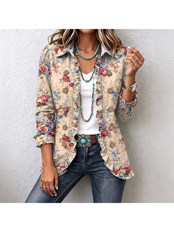 Denim Jacket for Women Ruffle Trim Button Down Long Sleeve Fall Fashion Jean Jacket Women Casual Western Vintage Lapel Collared Womens Blazer