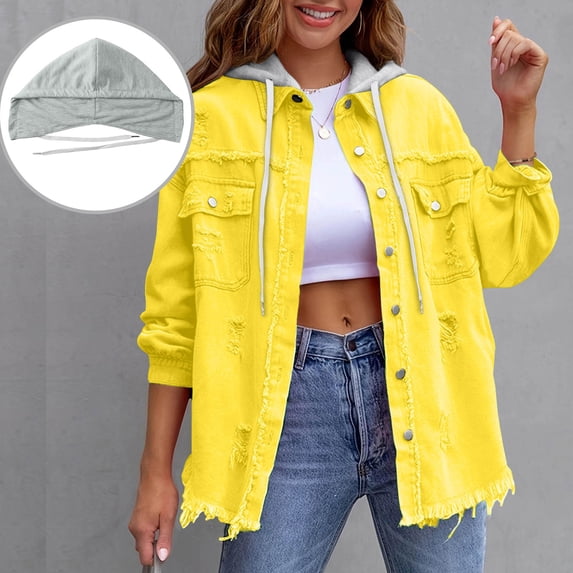 Denim Jacket For Women Solid Color Loose Jacket With Ripped Details Long Sleeve Denim Shirt Removable Hooded Jacket For An Edgy Street Look Cropped Jean Jacket