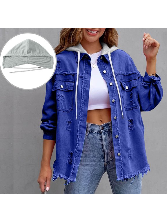 Denim Jacket For Women Solid Color Loose Jacket With Ripped Details Long Sleeve Denim Shirt Removable Hooded Jacket For An Edgy Street Look Cropped Jean Jacket
