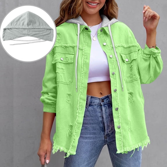 Denim Jacket For Women Solid Color Loose Jacket With Ripped Details Long Sleeve Denim Shirt Removable Hooded Jacket For An Edgy Street Look Cropped Jean Jacket