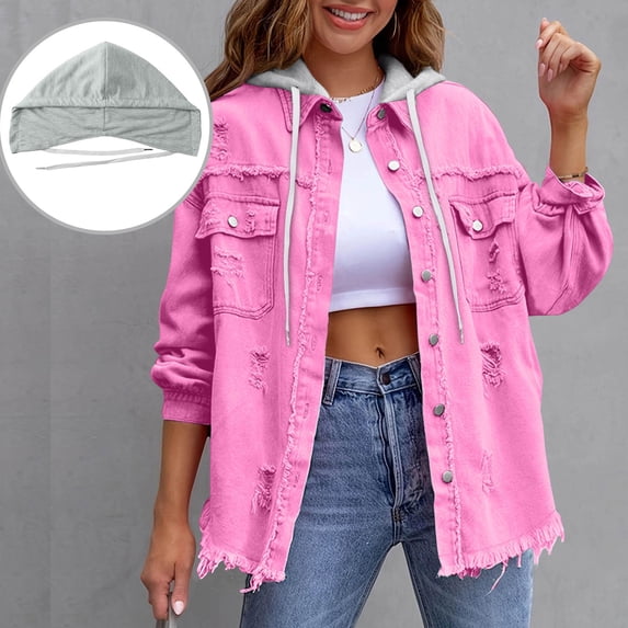 Denim Jacket For Women Solid Color Loose Jacket With Ripped Details Long Sleeve Denim Shirt Removable Hooded Jacket For An Edgy Street Look Cropped Jean Jacket