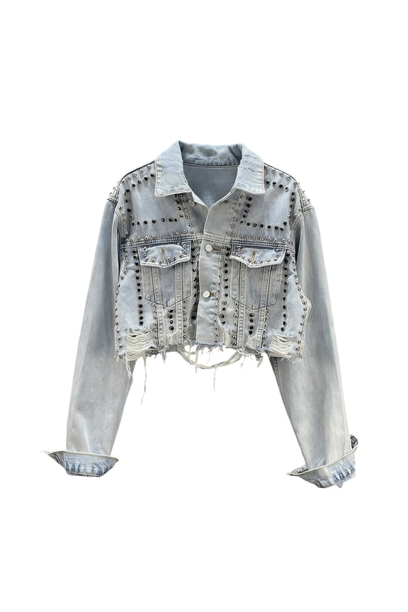 Denim Jacket Womens Fashion Coat Riveted Fringe Jacket Cropped Jean Outwear Long Sleeve Overcoat Button Cardigan Lapel Neck Jean Topcoat