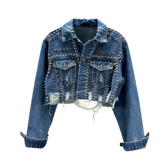 Denim Jacket Womens Fashion Coat Riveted Fringe Jacket Cropped Jean Outwear Long Sleeve Overcoat Button Cardigan Lapel Neck Jean Topcoat