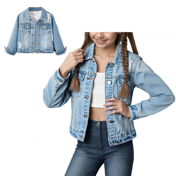 Denim Jacket for Girls Long Sleeve Button down Blue Denim Jacket Spring Jacket 6-7 Years Jean Jacket Girls