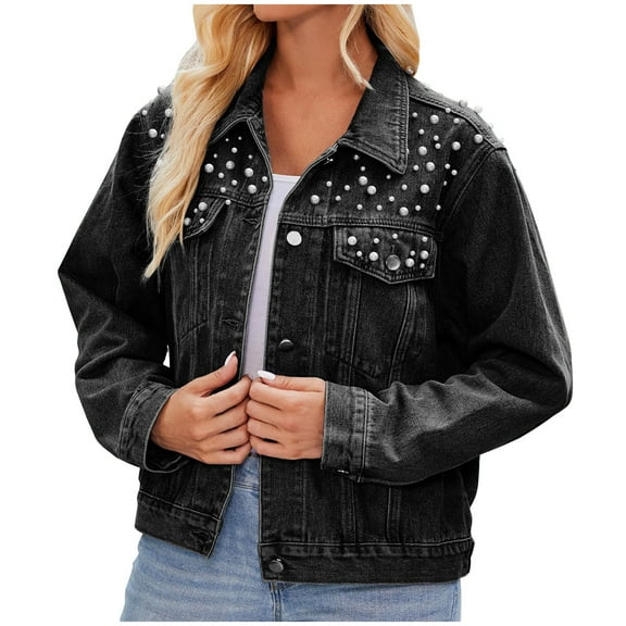 Denim Jacket for Lady Women Loose Denim Jacket, Pearls Short Jeans Coat, Loose Fitting Button Denim Outwear Jackets Black XL