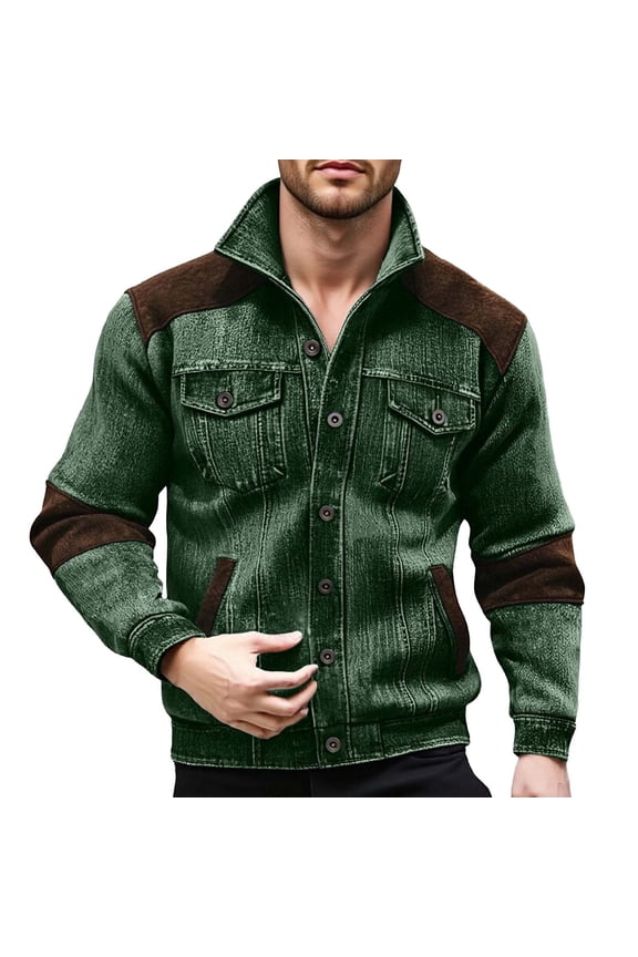 Denim Jacket for Men Spring Fall Casual Button Down Stand Collar Open Front Jean Shirt with Pockets Workwear