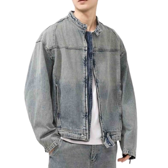 Denim Jacket for Men Stand Collar Zip Front Loose Fit Lightweight Stylish Mens Fall Coats,Blue,L