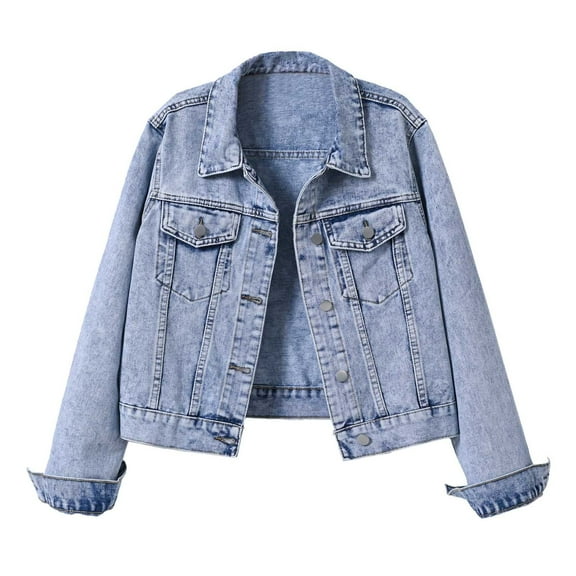 Denim Jacket for Women 2025 Fall Light Wash Long Sleeve Slim Fit Button Collared Casual Cropped Jean Jackets Outerwear