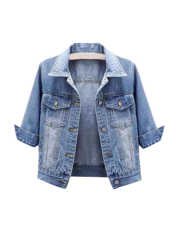 Denim Jacket for Women Button Down 3/4 Short Sleeve Cropped Jean Jackets with Pockets Casual Lightweight Shackets 2025 02-Light Blue XXXL