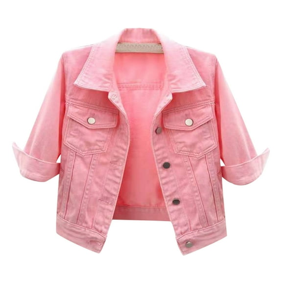Denim Jacket for Women Button Down 3/4 Short Sleeve Cropped Jean Jackets with Pockets Casual Lightweight Shackets 2025 03-Pink M