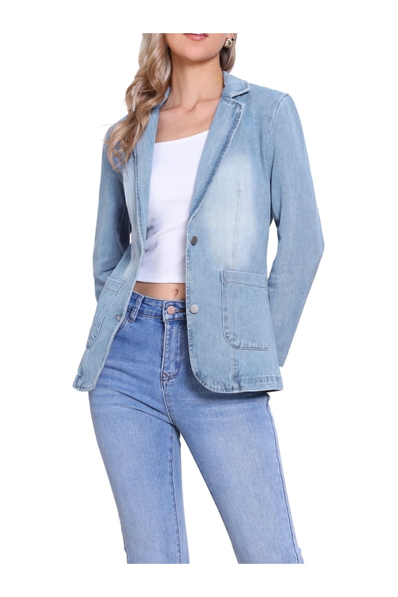 Denim Jacket for Women Button Down Notched Lapel Two Sides Pocket Casual Jean Jackets L Light Blue