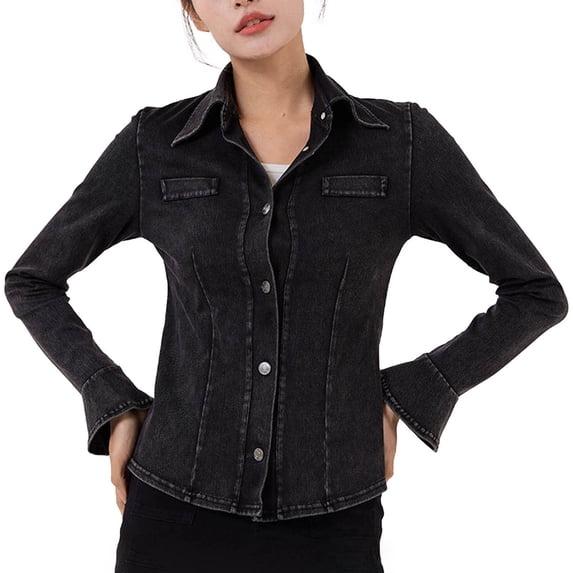 Denim Jacket for Women Denim Jacket Button Lapel Flared Sleeves Long Sleeves Solid-color Denim Jacket,Womens Coats Plus Size Dark Gray XXL