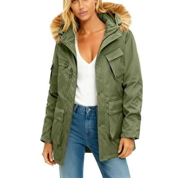 Denim Jacket for Women Hooded Cotton-padded Jacket Zippered Pocket Solid Color Long Sleeve Parkas,Womens Coats Plus Size Army Green XXXL