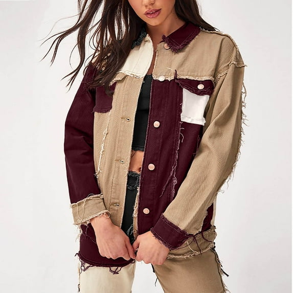 Denim Jacket for Women Lapel Button Pocket Jacket Denim Panel Contrast Coat,Womens Coats Plus Size Brown XXL