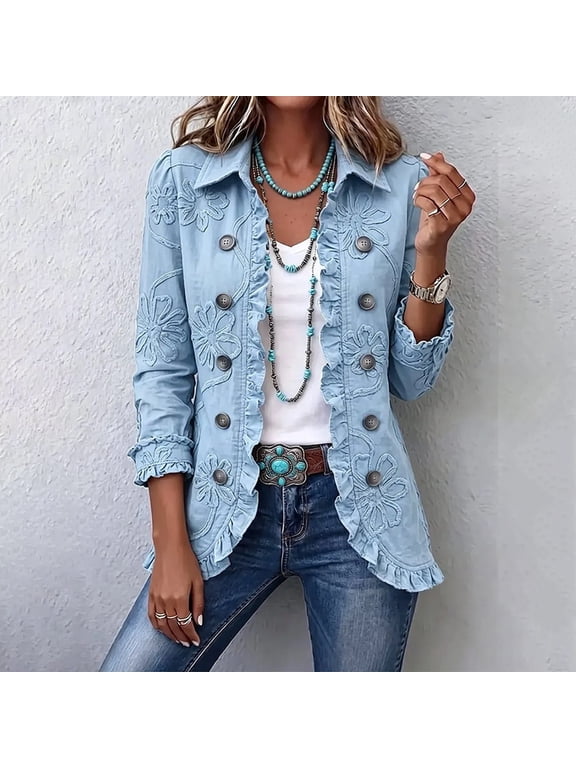Denim Jacket for Women Long Sleeve Button Down Collared Jean Jacket with Floral Embroidery and Ruffle Casual Loose Fit Outerwear for Ladies