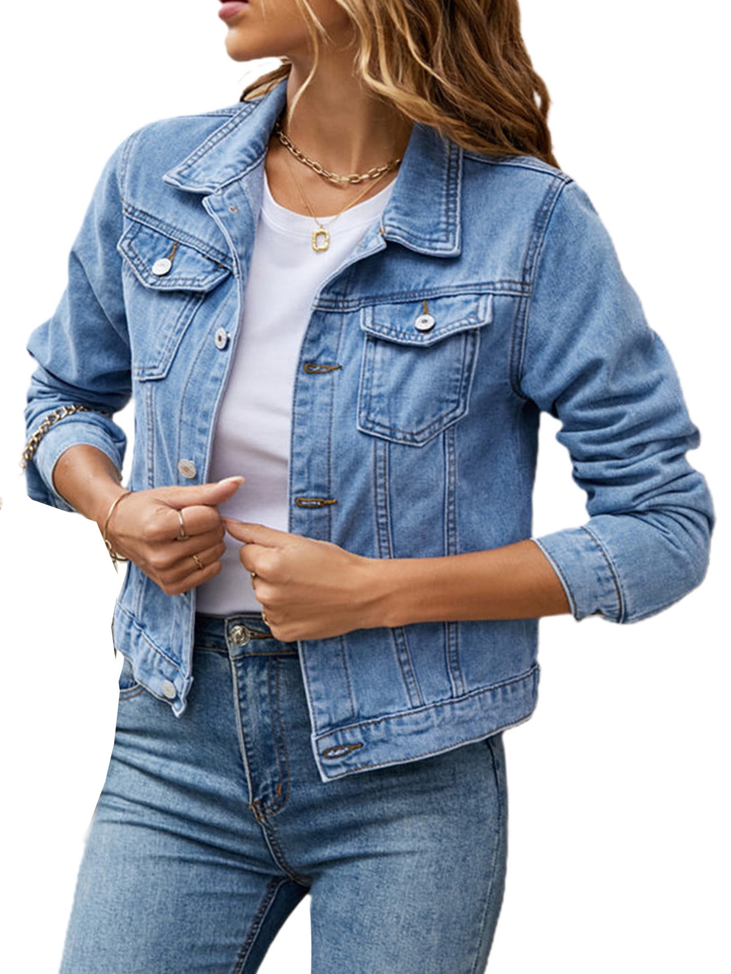 Denim Jacket for Women Long Sleeve Lightweight Short Jean Jackets Lapel