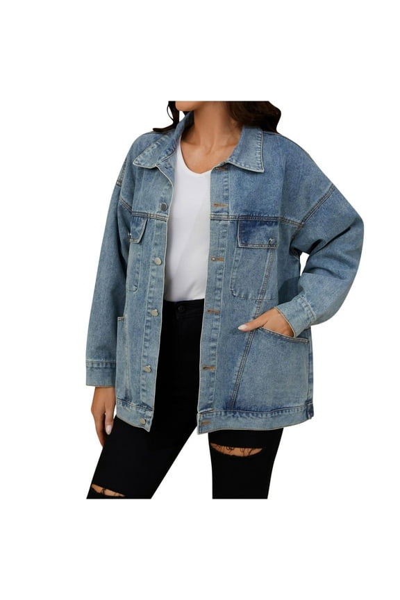 Denim Jacket for Women Long Sleeve Oversized Jean Top Button Down Coat with Pockets Fashion Casual Loose Winter Clothes (Blue M)
