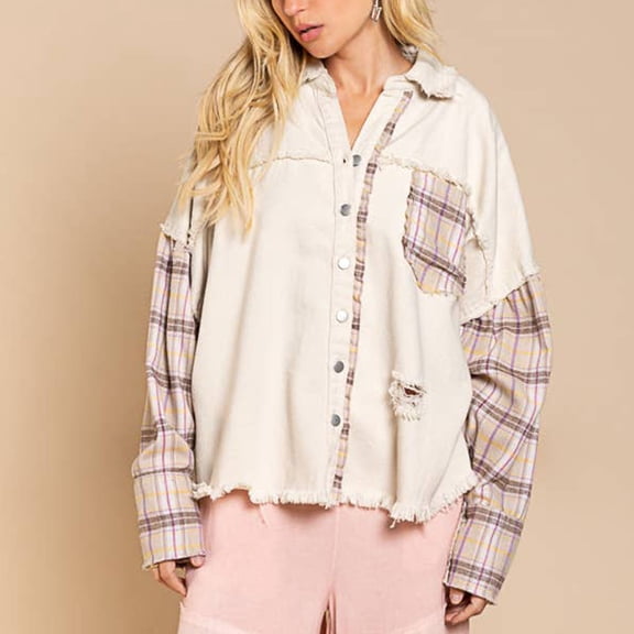 Denim Jacket for Women Long Sleeve Pockets Plaid Printed Casual Jacket Coat,Womens Coats Plus Size Beige XL