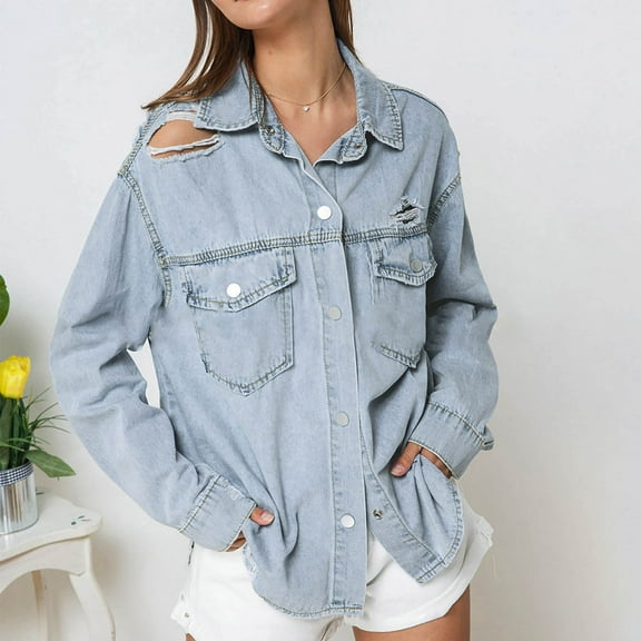 Denim Jacket for Women Long Sleeve Turndown Collar Denim Jacket Ripped Jeans Tassel Denim Jacket,Womens Coats Plus Size Blue XL