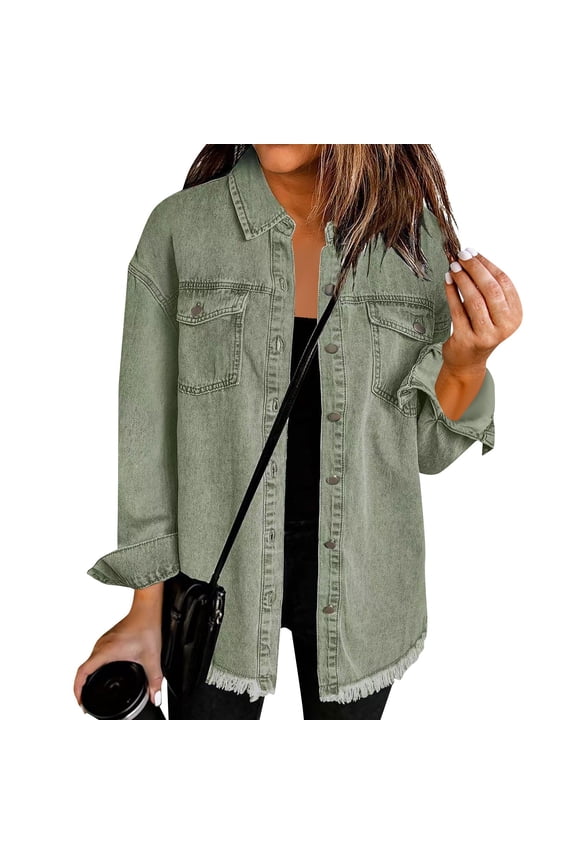 Denim Jacket for Women Oversized Button Down Casual Jean Shacket Jackets Long Sleeve Frayed Hem Western Trendy Green L
