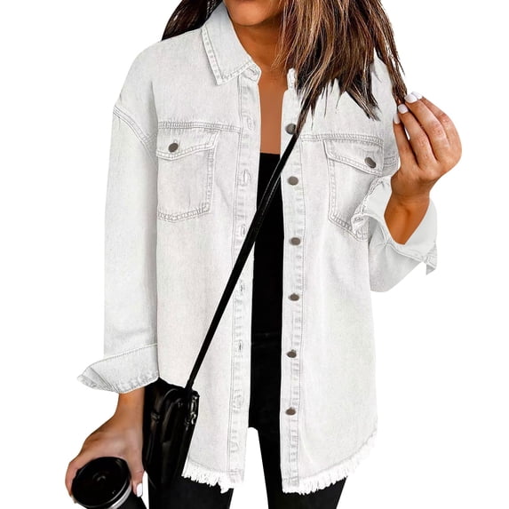 Denim Jacket for Women Oversized Button Down Frayed Hem Shacket lightweight Wash Lapel Long Sleeve Jean Jackets Coat 2XL