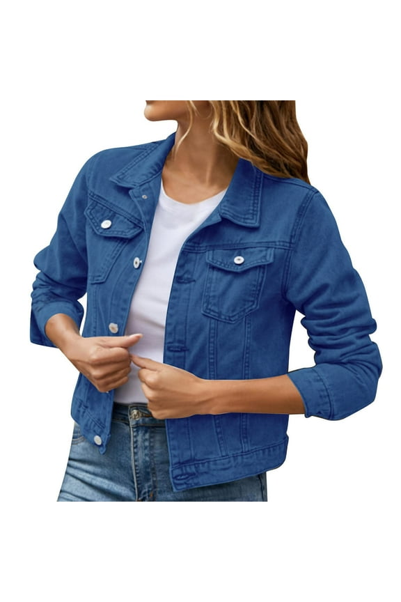 Denim Jacket for Women Oversized Long Sleeve Cropped Jean Jacket Lightweight Short Trucker Jean Jackets Denim Coat Dark Blue 2XL