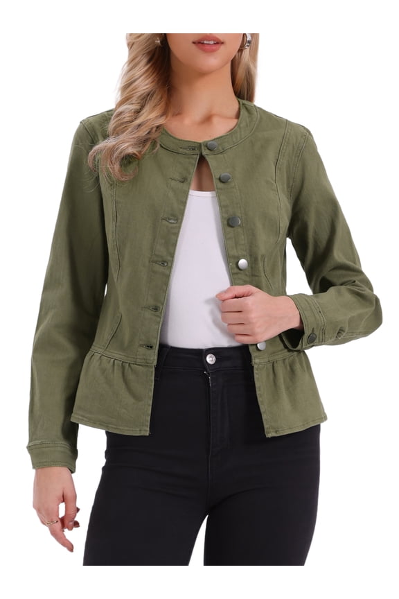 Women's Collarless Peplum Hem Denim Jacket Button Down Long Sleeve Jean Jacket Army Green L