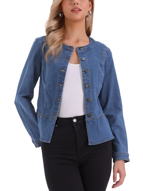 Women's Collarless Peplum Hem Denim Jacket Button Down Long Sleeve Jean Jacket Blue L