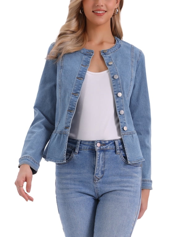 Women's Collarless Peplum Hem Denim Jacket Button Down Long Sleeve Jean Jacket Light Blue L
