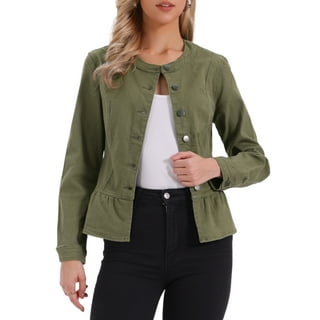 INSPIRE CHIC Women's Collarless Peplum Hem Denim Jacket Button Down Long Sleeve Jean Jacket Army Green M