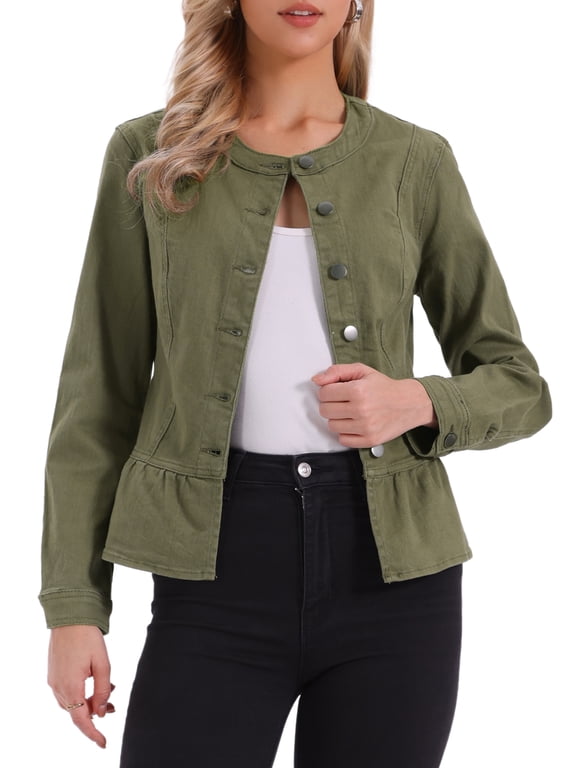 Women's Collarless Peplum Hem Denim Jacket Button Down Long Sleeve Jean Jacket Army Green M