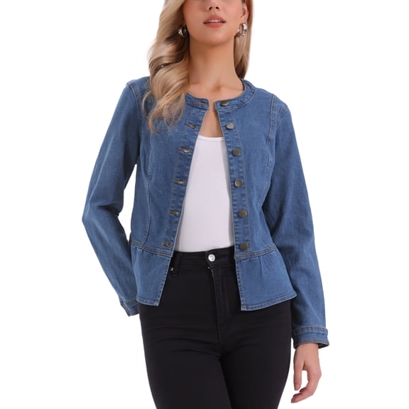 INSPIRE CHIC Women's Collarless Peplum Hem Denim Jacket Button Down Long Sleeve Jean Jacket M Blue