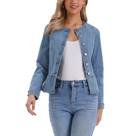 INSPIRE CHIC Women's Collarless Peplum Hem Denim Jacket Button Down Long Sleeve Jean Jacket M Light Blue