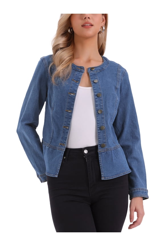 Women's Collarless Peplum Hem Denim Jacket Button Down Long Sleeve Jean Jacket XL Blue
