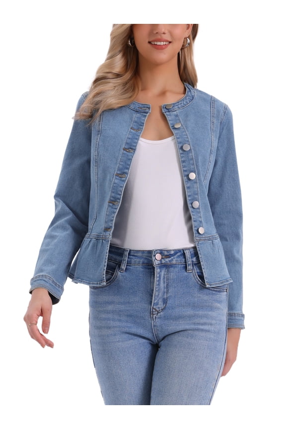 Women's Collarless Peplum Hem Denim Jacket Button Down Long Sleeve Jean Jacket XS Light Blue