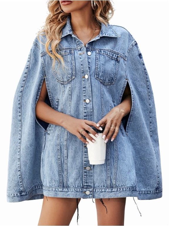 Denim Jacket for Women Poncho Cape Style Jean Jackets Loose Outerwear Blue L